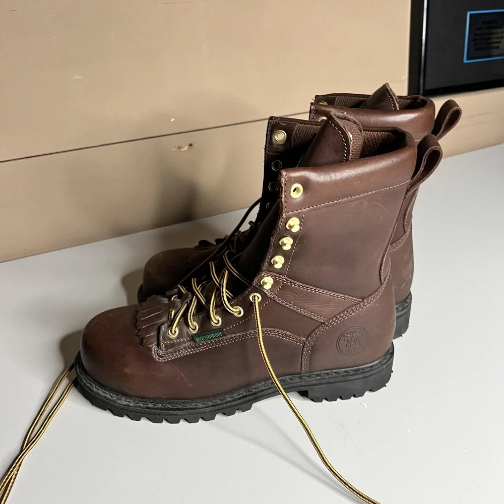 Georgia Boot Mens Brown Leather Waterproof Logger Boots Vibram Sole Kiltie
